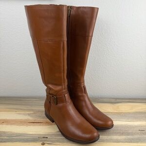 Anne Klein Leather Knee High Riding Boot Cailin Cognac Low Heel Size 9 Like New!